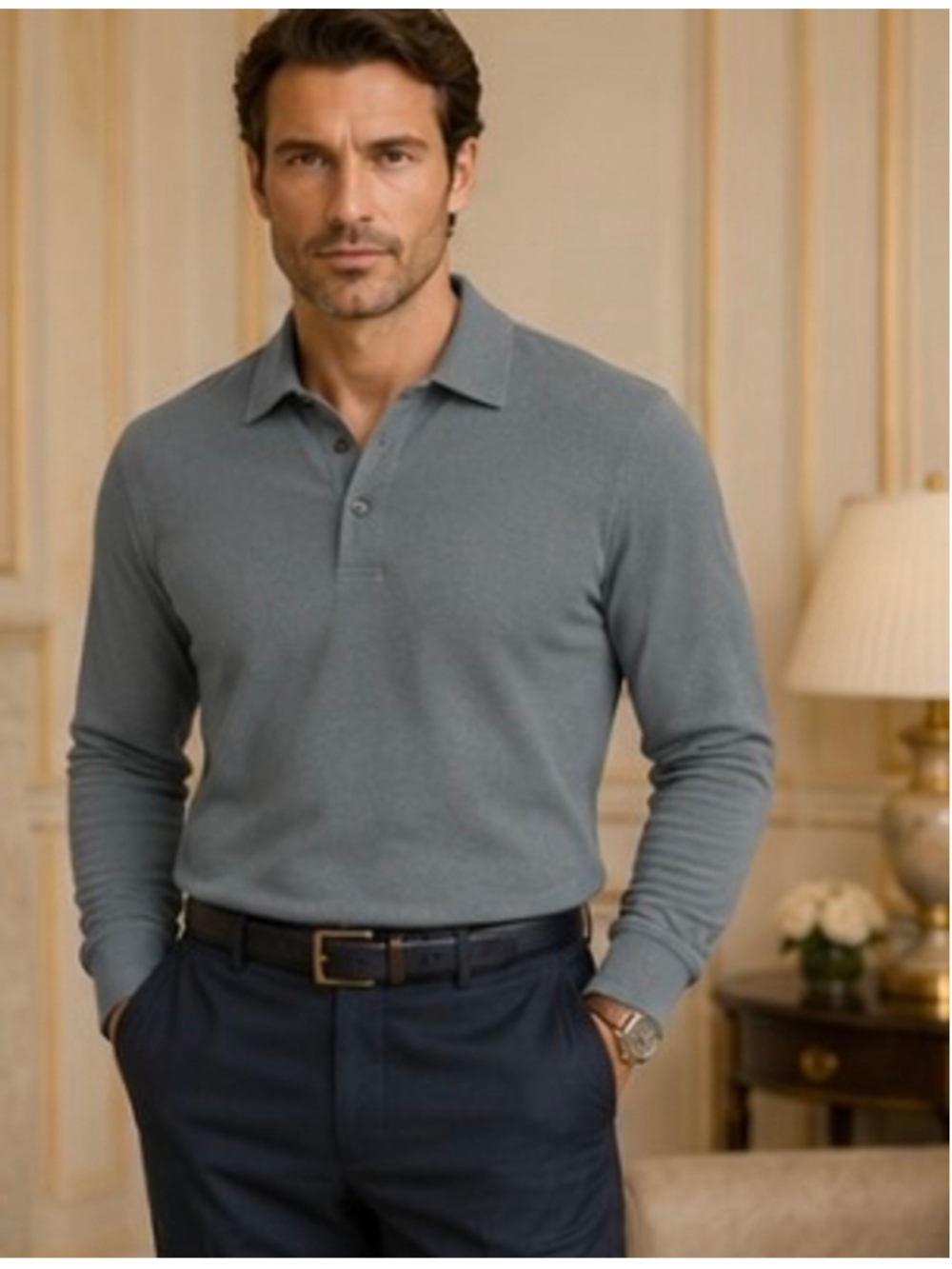Men's Canali Long Sleeve Polo Shirt, Size XL, Grey Quiet Luxury New w Tag